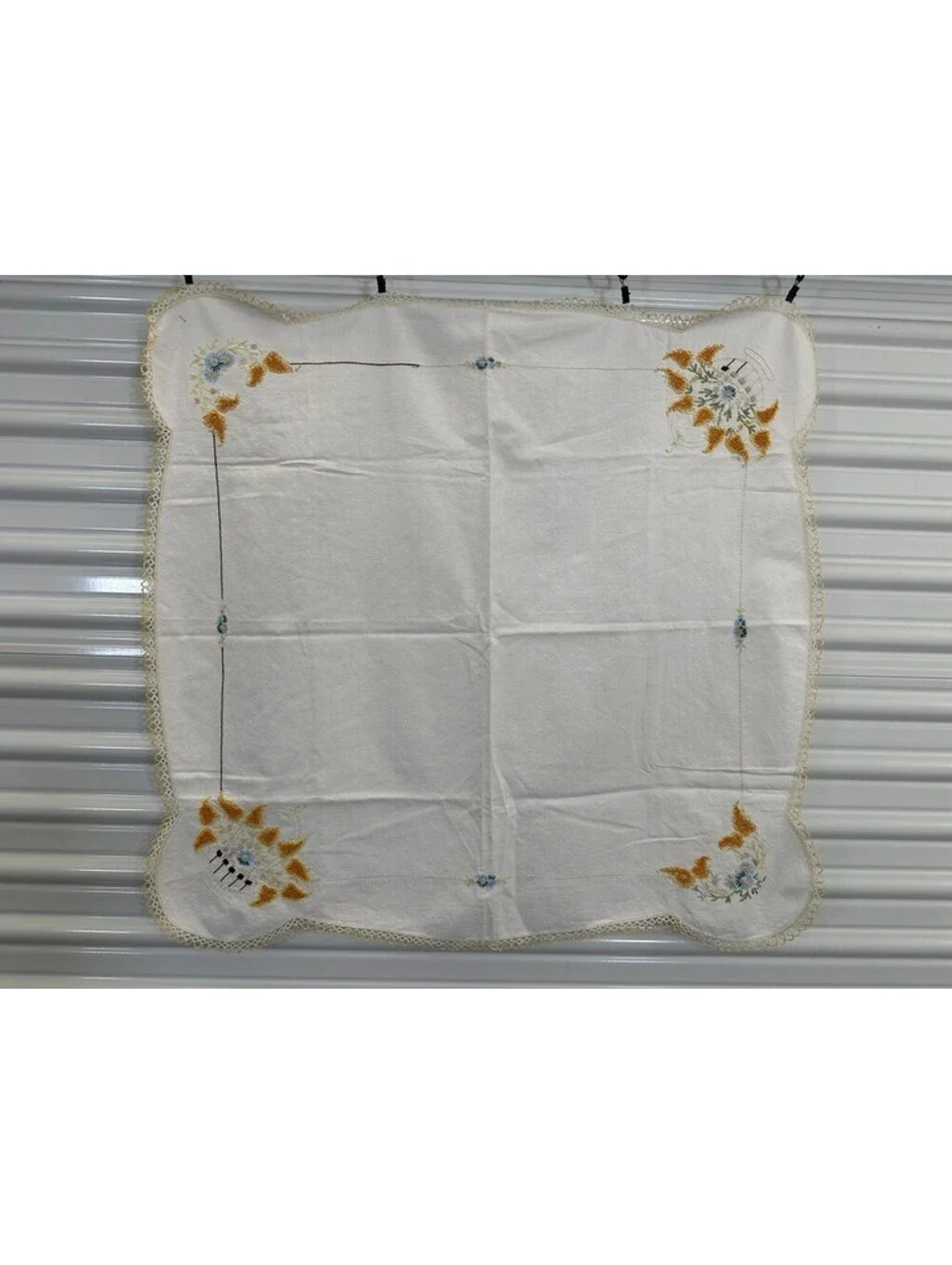 Hand Embroidered Vintage Floral Scalloped Edges Card Table Tablecloth Topper
